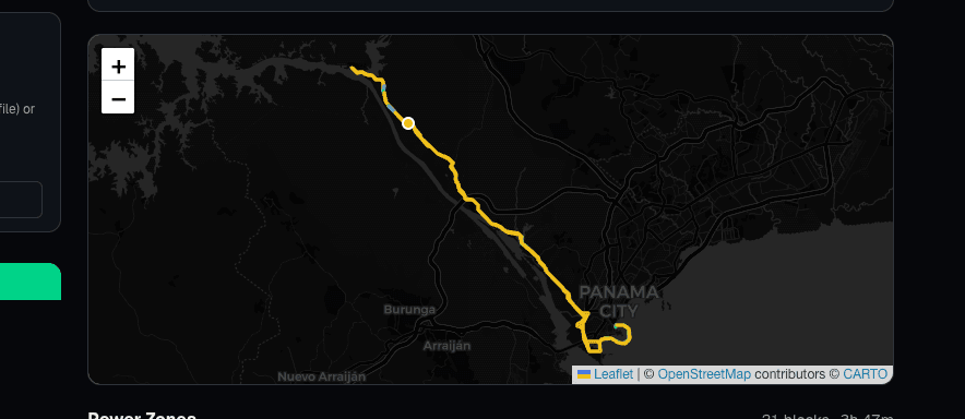 Interactive route map with color-coded segments showing different power zones on the road